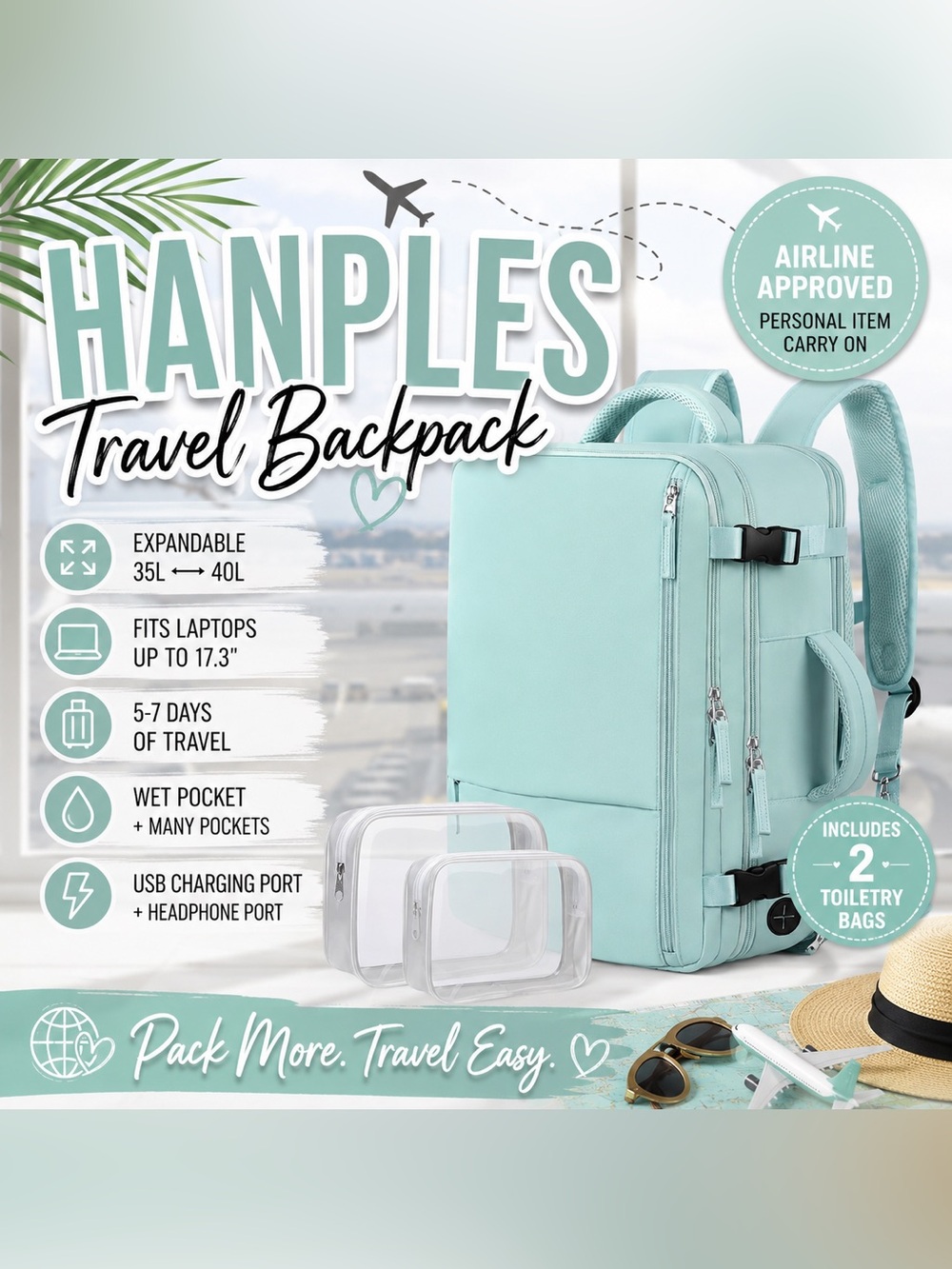 NWT Hanples Mint Green 40L Carry On Travel Backpack Laptop Personal Item